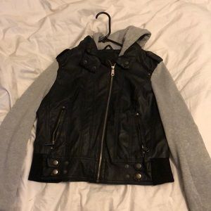 Leather vest with sweatshirt sleeves